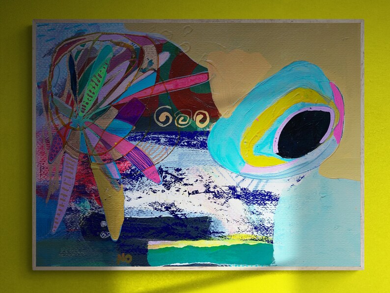 Färgglad väggkonst på papper, blandteknikcollage, abstrakt landskapsmålning, expressionistiskt konstverk bild 1