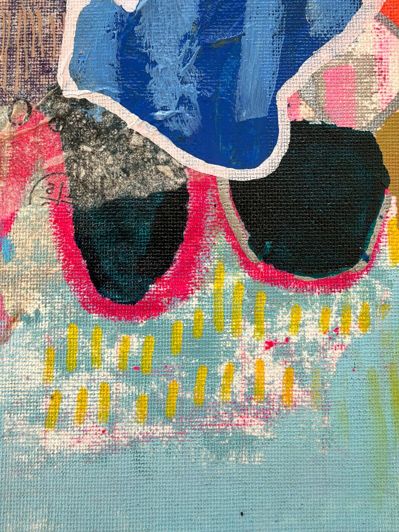 May include: An abstract painting on canvas featuring a large blue shape with a white outline, two solid black circular forms, and vibrant hot pink accents. The composition includes light blue areas with small yellow vertical dashes and textured layers.