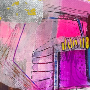 May include: Abstract painting featuring pink, purple, yellow and blue paint. The painting has a textured surface and a geometric design.