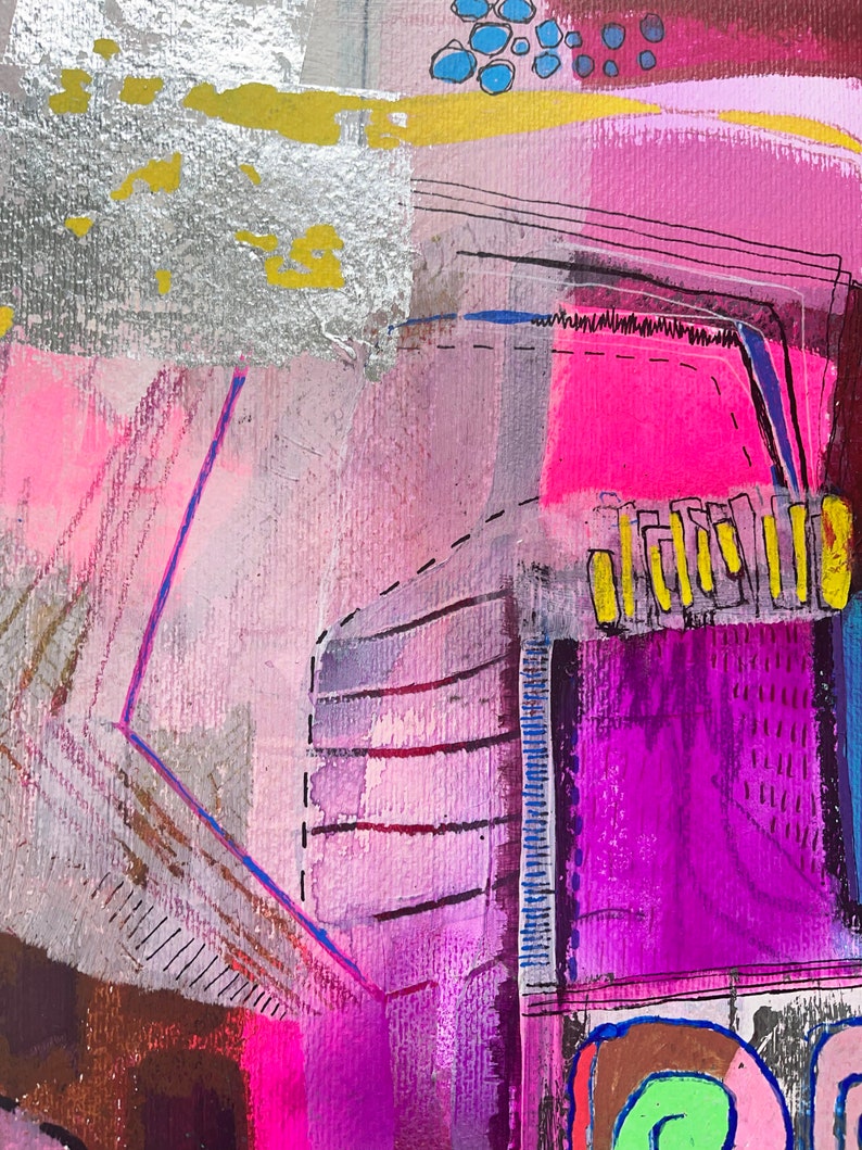 May include: Abstract painting featuring pink, purple, yellow and blue paint. The painting has a textured surface and a geometric design.