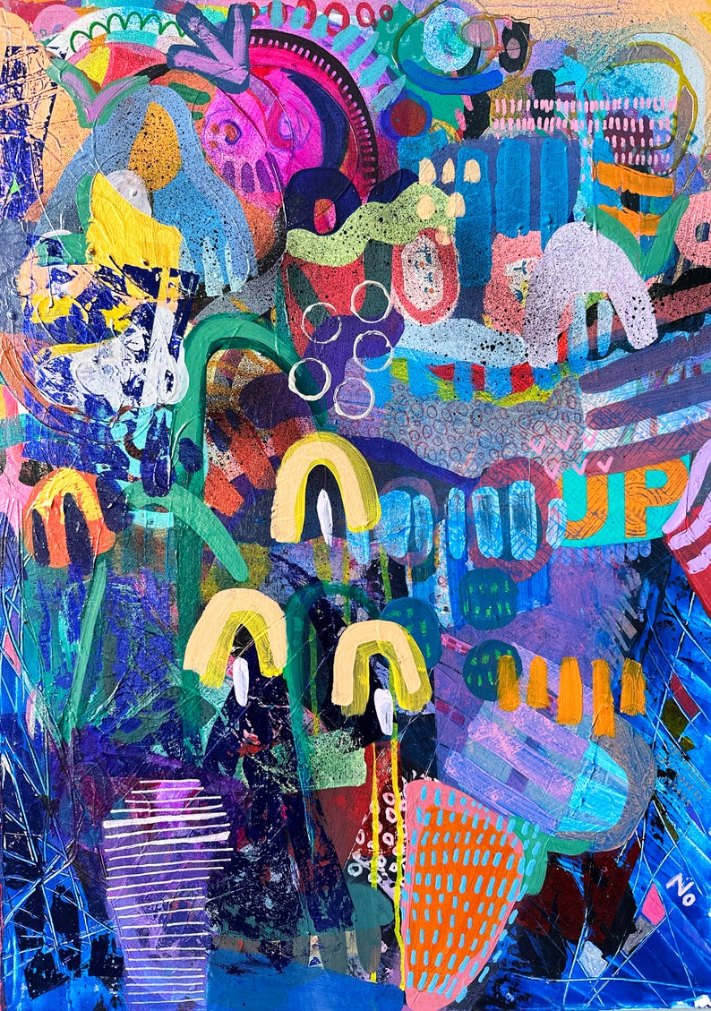 Samtida abstrakt expressionistisk målning, blandteknik collagekonstverk, botanisk väggkonst, original blandteknik assemblagekonst bild 2