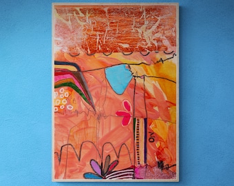 Könnte beinhalten: Abstraktes Gemälde auf einer Holzleinwand mit einem Mix aus orange, gelb, rosa, blau und grünen Farben. Das Gemälde zeigt eine Vielzahl von Formen und Linien, darunter eine große blaue Form in der Mitte und eine rosa Blumenform in der unteren rechten Ecke. Der Text "YO" ist in Schwarz auf der rechten Seite des Gemäldes geschrieben.