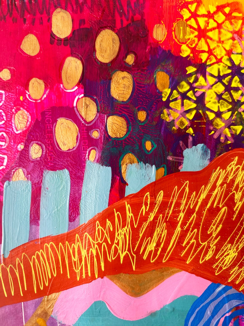 May include: Abstract painting with a red, purple, and orange background. The painting features gold circles, yellow geometric shapes, and blue and green lines.