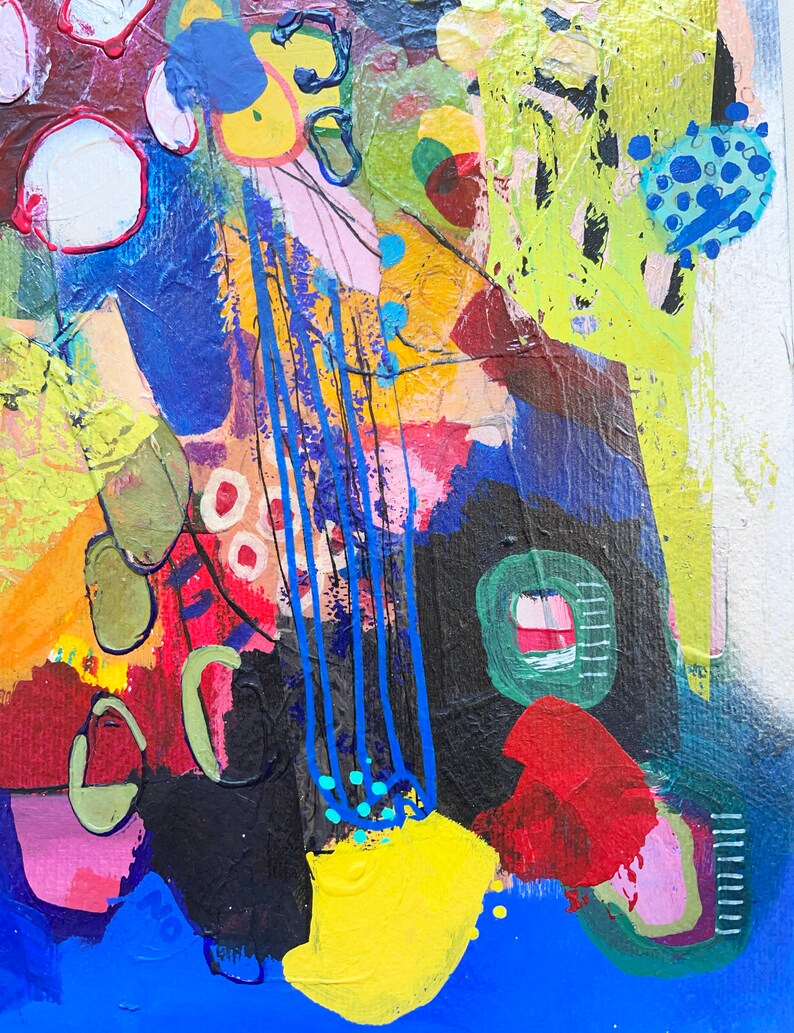May include: Abstract painting featuring a blend of vibrant colours, including yellow, blue, red, green, and black. The painting has a textured surface and a range of shapes and lines.