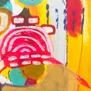 May include: Abstract painting with a yellow, red, and blue color scheme. The painting features a large, pink and white circular shape with a series of concentric circles. The word "No" is written in black paint at the bottom of the painting.