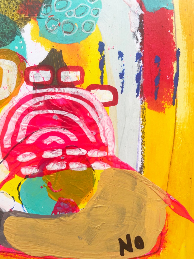 May include: Abstract painting with a yellow, red, and blue color scheme. The painting features a large, pink and white circular shape with a series of concentric circles. The word "No" is written in black paint at the bottom of the painting.