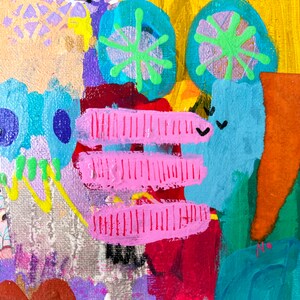May include: Abstract painting with bright colors and geometric shapes. The painting features a pink, red, and blue color scheme with green and yellow accents. The painting is textured and has a whimsical feel.