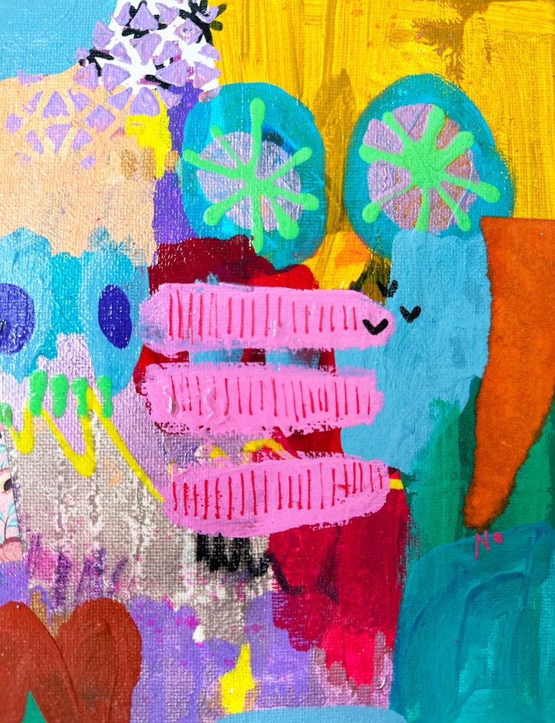 May include: Abstract painting with bright colors and geometric shapes. The painting features a pink, red, and blue color scheme with green and yellow accents. The painting is textured and has a whimsical feel.