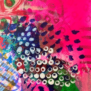 May include: Abstract painting with a pink background and a variety of colors and shapes, including white circles, blue dots, and green and black brushstrokes.