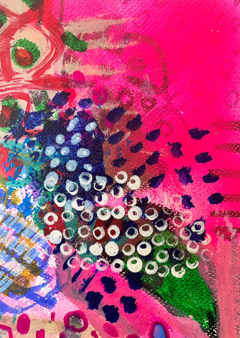 May include: Abstract painting with a pink background and a variety of colors and shapes, including white circles, blue dots, and green and black brushstrokes.