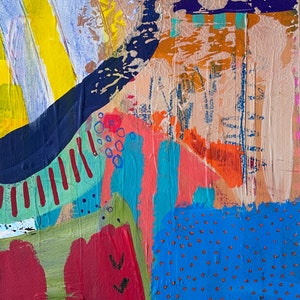May include: Abstract painting with bold strokes of blue, red, yellow, green, and orange. The painting features a variety of textures and patterns, including stripes, dots, and circles.