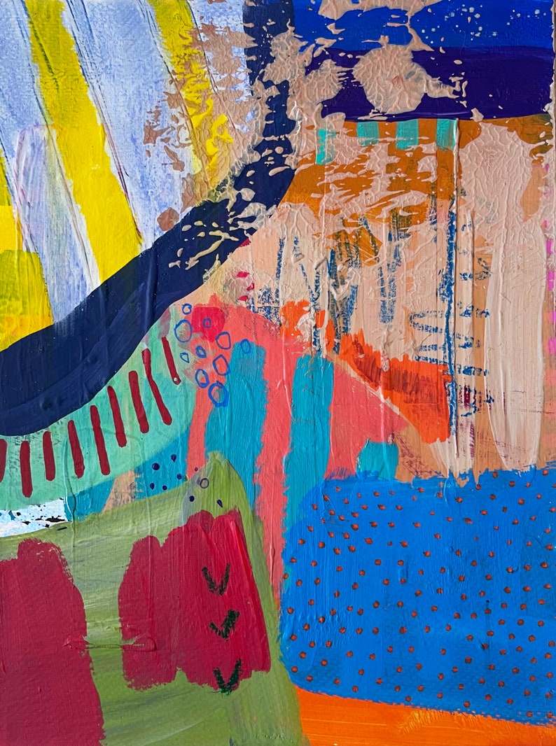 May include: Abstract painting with bold strokes of blue, red, yellow, green, and orange. The painting features a variety of textures and patterns, including stripes, dots, and circles.