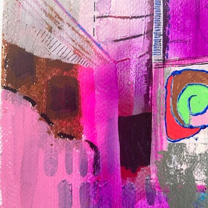 May include: Abstract painting featuring pink, purple, brown, and green hues. The artwork has a geometric design with lines and shapes.