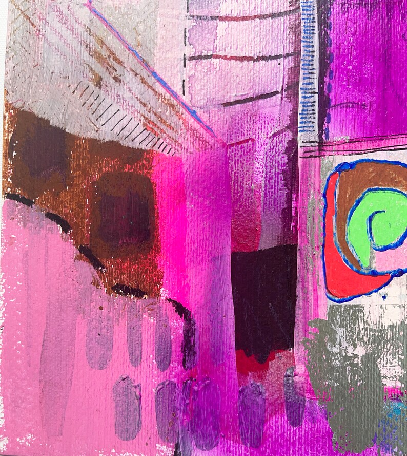 May include: Abstract painting featuring pink, purple, brown, and green hues. The artwork has a geometric design with lines and shapes.