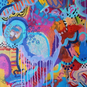 May include: Abstract painting featuring vibrant colours, including blue, pink, yellow and orange. The painting incorporates a range of shapes and textures, such as circles, stripes and drips.