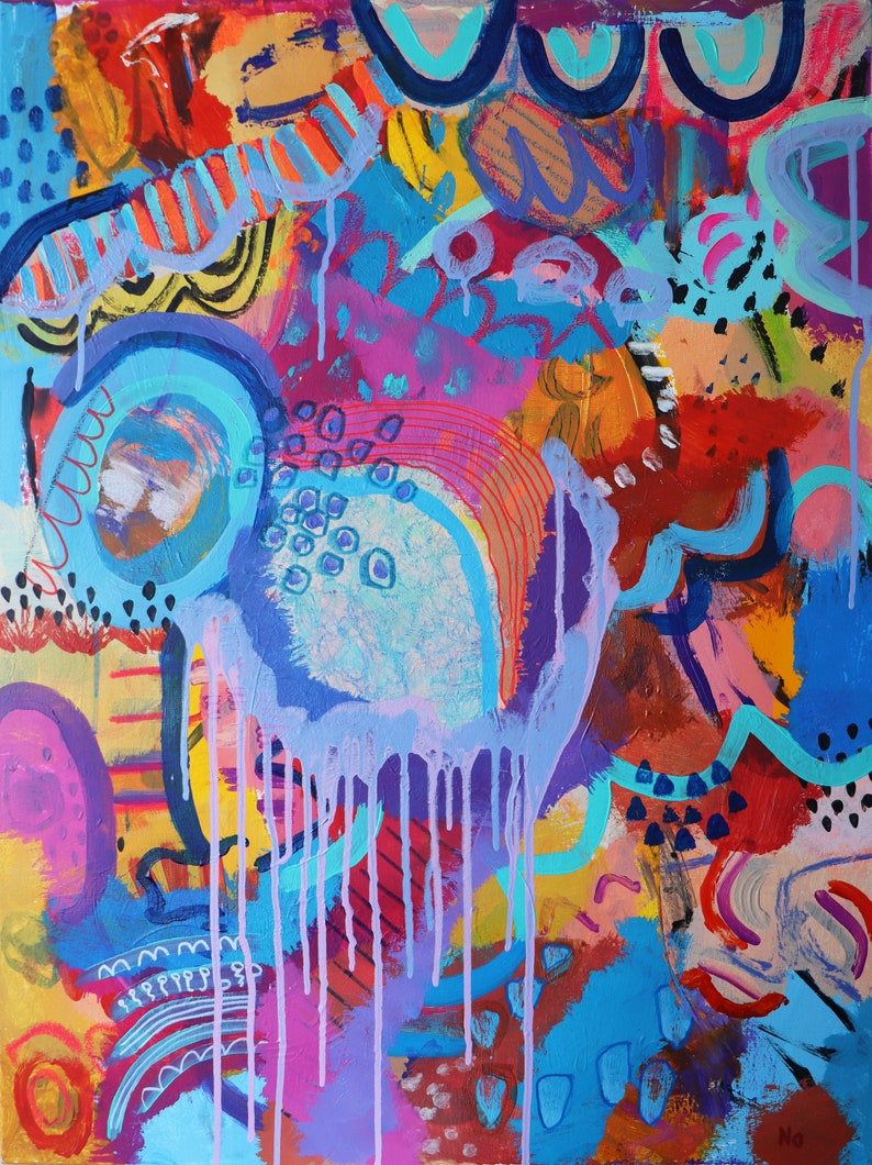 May include: Abstract painting featuring vibrant colours, including blue, pink, yellow and orange. The painting incorporates a range of shapes and textures, such as circles, stripes and drips.