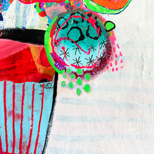 May include: An abstract painting featuring bright colours, including pink, red, orange, yellow, green, and blue. The painting depicts a vase with a striped pattern and flowers with swirling designs. The background is white with a textured surface. The painting is signed "NO" in the bottom right corner.