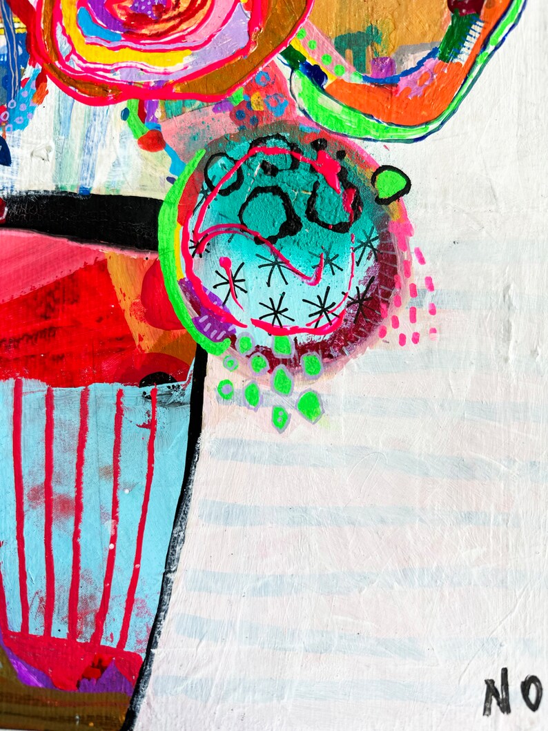 May include: An abstract painting featuring bright colours, including pink, red, orange, yellow, green, and blue. The painting depicts a vase with a striped pattern and flowers with swirling designs. The background is white with a textured surface. The painting is signed "NO" in the bottom right corner.