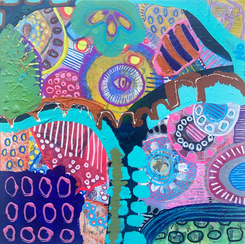 May include: Abstract painting with a colorful, organic design. The painting features a variety of shapes, including circles, dots, and lines. The colors are bright and vibrant, including pink, blue, green, yellow, and orange.