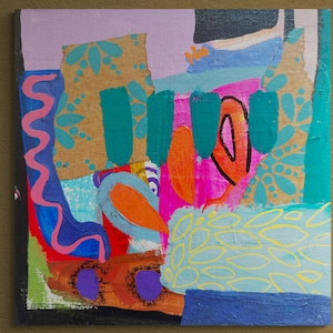 Peut inclure: Peinture abstraite sur toile avec un m&eacute;lange de couleurs vives, notamment rose, orange, turquoise, bleu et jaune. La peinture pr&eacute;sente une vari&eacute;t&eacute; de formes et de textures, notamment des volutes, des points et des feuilles.