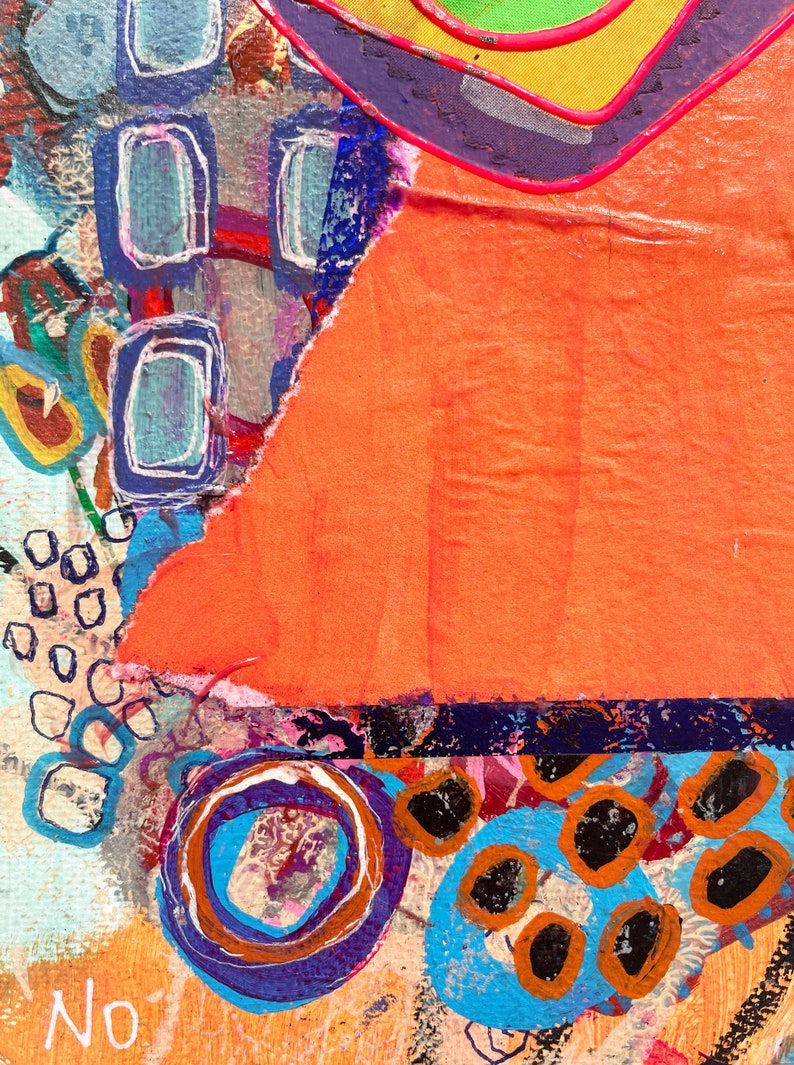 May include: Abstract art painting with a mix of colours and textures. The painting features a large orange section with a torn edge, a blue and purple section with geometric shapes, and a bottom section with blue and orange circles.