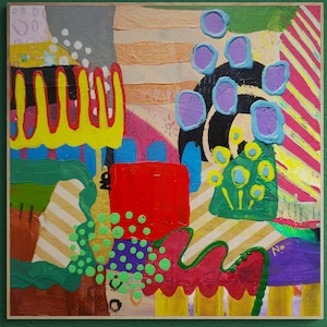 May include: Abstract painting with a colorful, layered design. The painting features a variety of shapes, including circles, squares, and stripes. The colors used in the painting include red, yellow, blue, green, purple, and black. The painting is framed in a wooden frame.