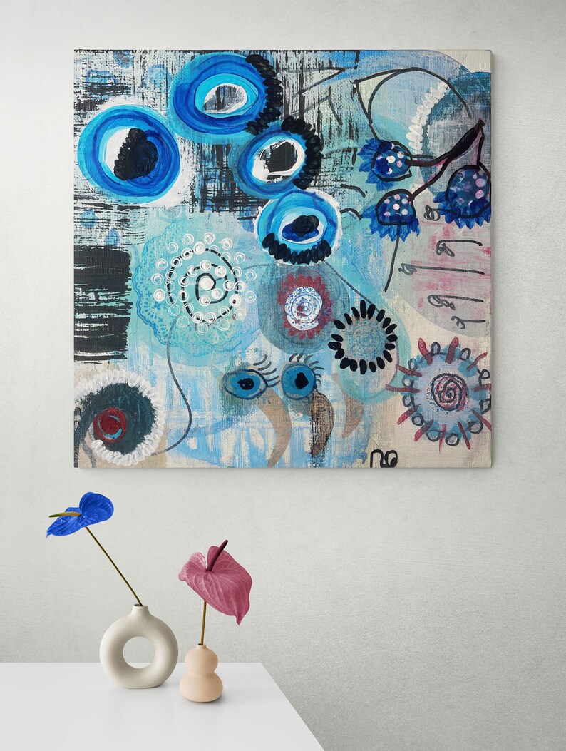May include: Abstract painting on canvas featuring blue, black, white and red colours. The painting incorporates circles, swirls and other organic shapes.