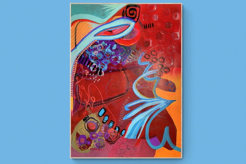 May include: Abstract painting with a red, orange, and blue colour scheme. The painting features swirling lines, circles, and squares.