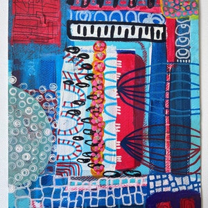May include: Abstract painting with a mix of geometric shapes and patterns in red, blue, white, black, and pink. The painting has a layered, textured look and includes the word "NO" in the bottom left corner.