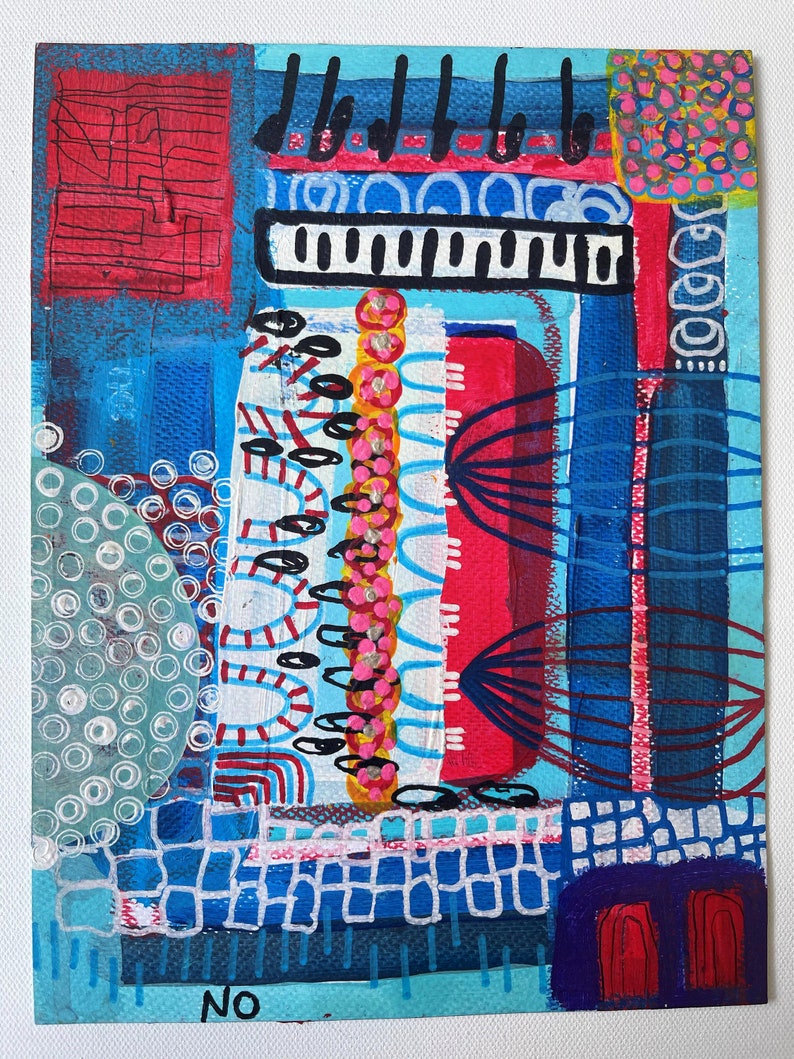 May include: Abstract painting with a mix of geometric shapes and patterns in red, blue, white, black, and pink. The painting has a layered, textured look and includes the word "NO" in the bottom left corner.