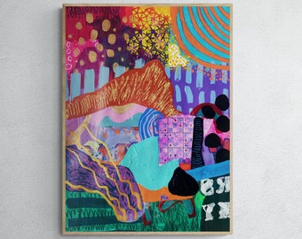 Op de afbeelding: Abstract schilderij met een kleurrijk, gelaagd ontwerp. Het schilderij bevat een mix van geometrische vormen, lijnen en texturen in tinten rood, oranje, geel, groen, blauw, paars en zwart. Het schilderij heeft een gedurfd en energiek gevoel.
