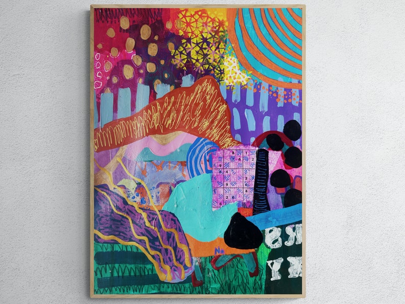 May include: Abstract painting with a colorful, layered design. The painting features a mix of geometric shapes, lines, and textures in shades of red, orange, yellow, green, blue, purple, and black. The painting has a bold and energetic feel.