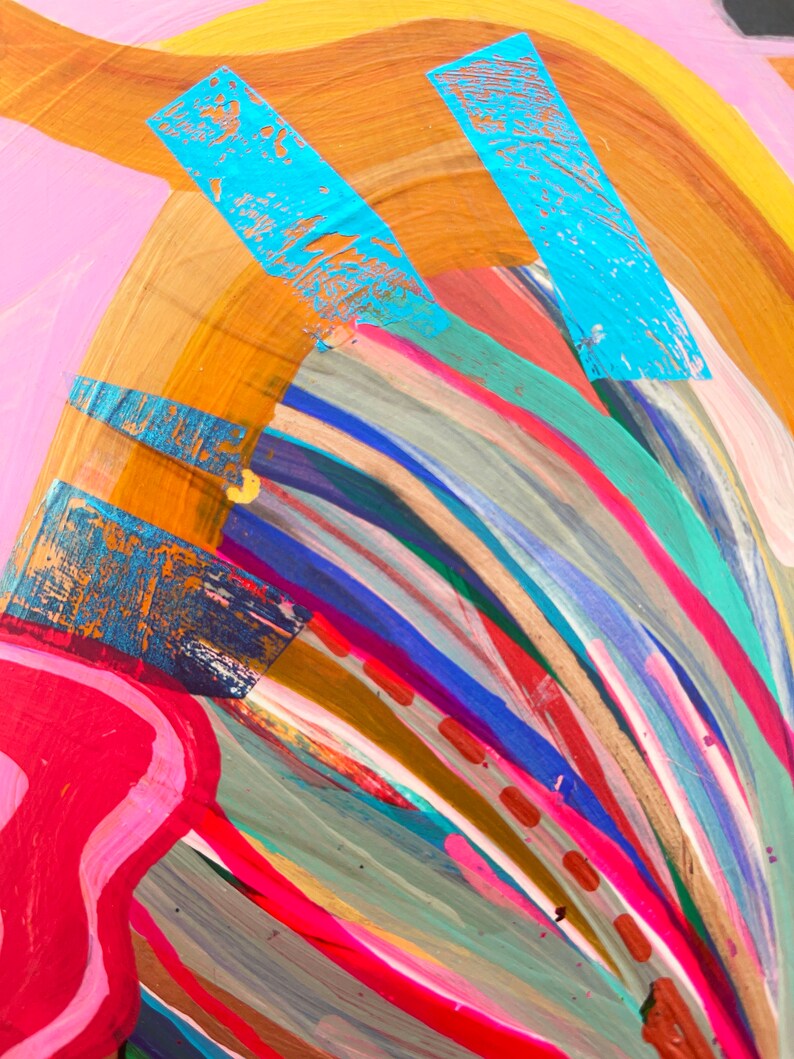 Puede incluir: Pintura abstracta con un dise&ntilde;o colorido y en capas. La pintura presenta una variedad de colores, incluyendo rosa, naranja, amarillo, azul, verde y rojo. Los colores se aplican en un estilo grueso y texturizado, creando una composici&oacute;n din&aacute;mica y en&eacute;rgica.