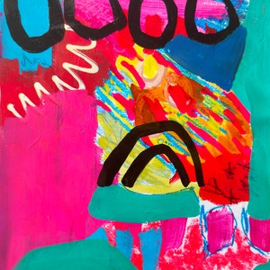 May include: Abstract painting featuring bold black lines, circles, and a rainbow shape. The background is a mix of pink, red, blue, and green.