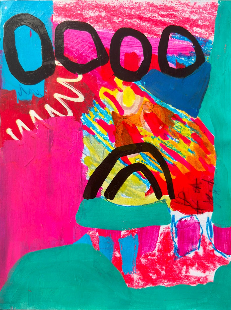 May include: Abstract painting featuring bold black lines, circles, and a rainbow shape. The background is a mix of pink, red, blue, and green.