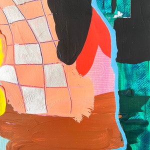 Peut inclure: Peinture abstraite avec des formes g&eacute;om&eacute;triques et des motifs dans des tons de rose, orange, rouge, noir, blanc et bleu.