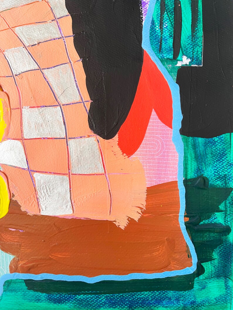 Peut inclure: Peinture abstraite avec des formes g&eacute;om&eacute;triques et des motifs dans des tons de rose, orange, rouge, noir, blanc et bleu.