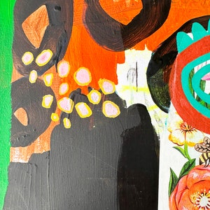 Pode incluir: Pintura abstrata com uma mistura de tinta preta, laranja, verde, rosa e amarela. A pintura tem um estilo ousado e colorido.