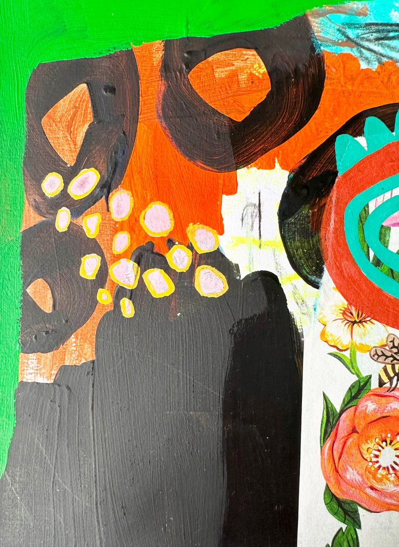 Pode incluir: Pintura abstrata com uma mistura de tinta preta, laranja, verde, rosa e amarela. A pintura tem um estilo ousado e colorido.