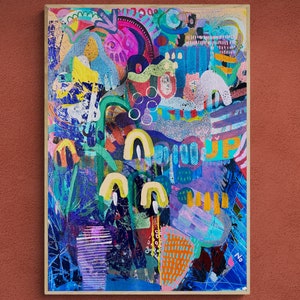 Contemporary Abstract Expressionist Painting, Mixed Media Collage Artwork, Botanical Wall Art, Original Mixed Media Assemblage Art
