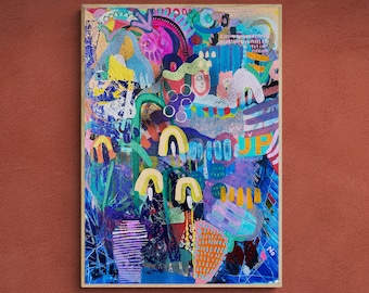Contemporary Abstract Expressionist Painting, Mixed Media Collage Artwork, Botanical Wall Art, Original Mixed Media Assemblage Art