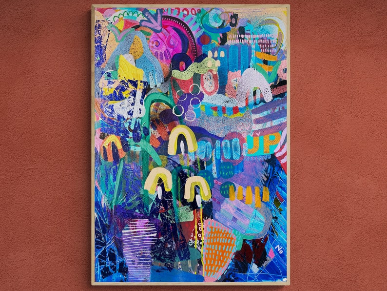 Samtida abstrakt expressionistisk målning, blandteknik collagekonstverk, botanisk väggkonst, original blandteknik assemblagekonst bild 1