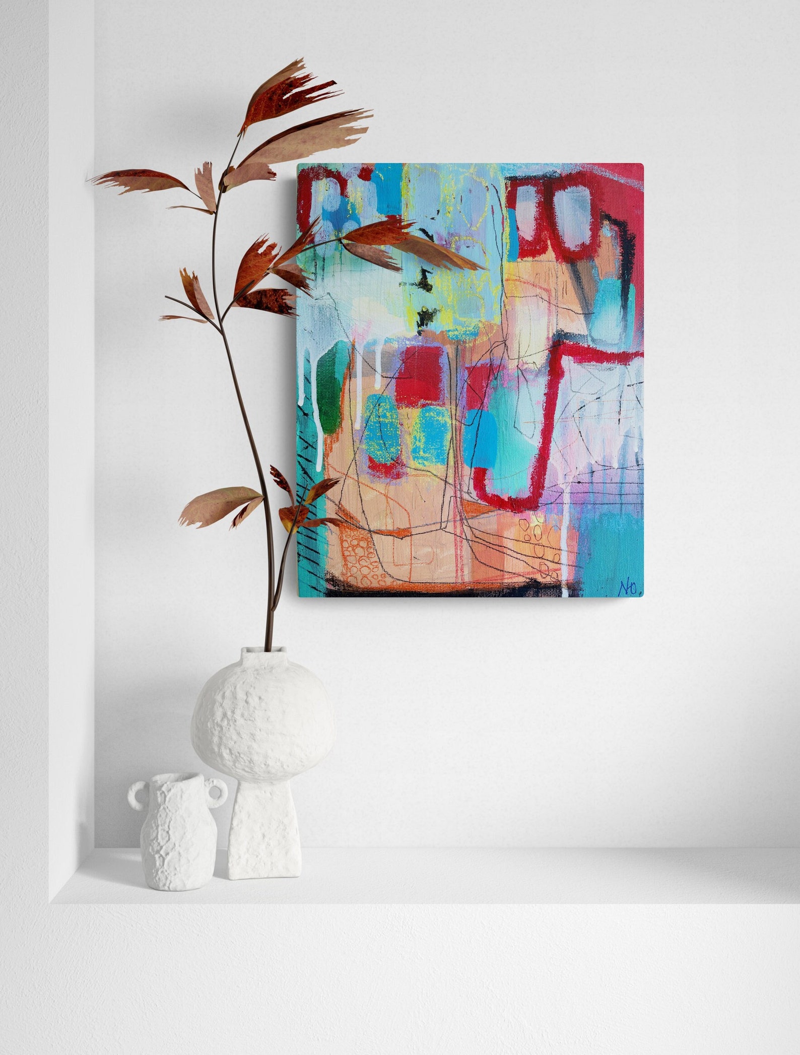 Mixed Media Abstract Wall Art on Board Canvas - Colorful Abstract ...