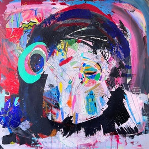 Original Abstract Portrait Painting on Canvas, Colorful Mixed Media Collage Wall Art, Contemporary Wall Art, Expressionist Painting