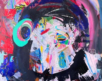 May include: Abstract painting with a black, blue, and green swirl in the centre. The background is a mix of pink, red, and white.