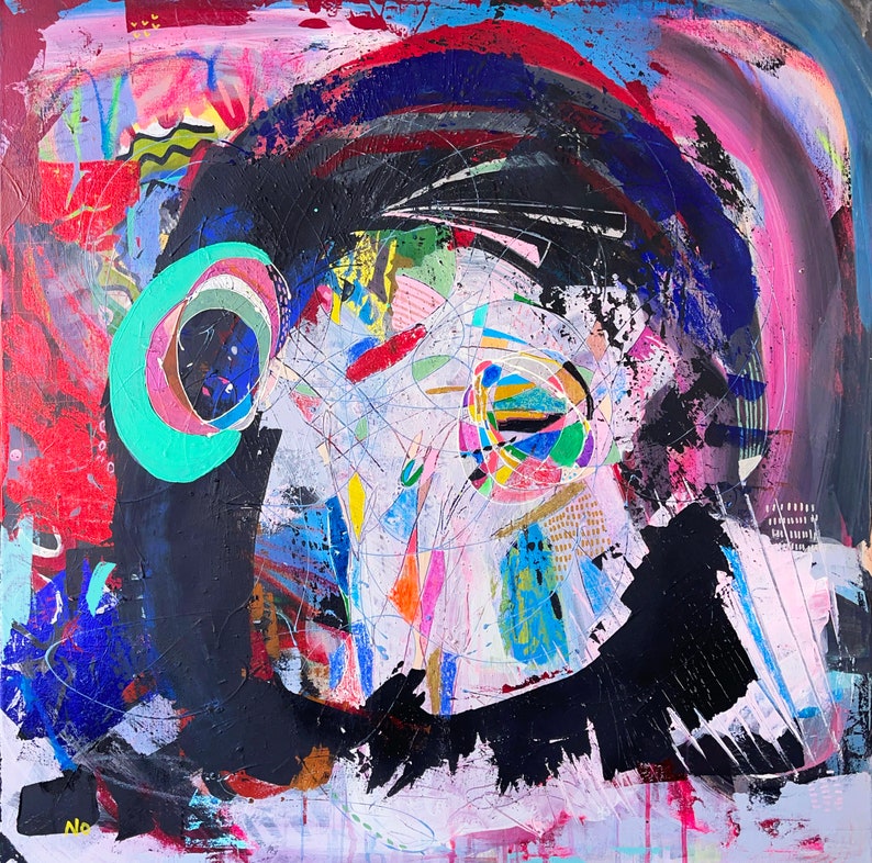 May include: Abstract painting with a black, blue, and green swirl in the center. The background is a mix of pink, red, and white.