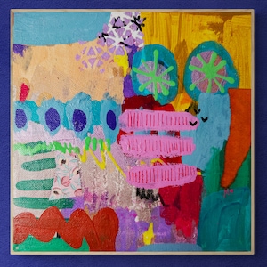 May include: Abstract painting on canvas with a colorful and textured design. The painting features a variety of shapes and colors, including pink, blue, green, yellow, and orange. The painting is framed in a wooden frame.