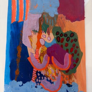 May include: An abstract painting on canvas featuring a vibrant mix of colors including deep blue, bright orange, magenta, and olive green. The composition includes vertical stripes, organic shapes, and dotted patterns layered with thick, textured paint strokes.