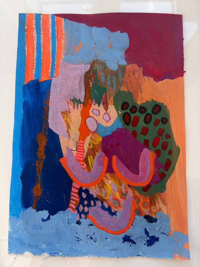 May include: An abstract painting on canvas featuring a vibrant mix of colors including deep blue, bright orange, magenta, and olive green. The composition includes vertical stripes, organic shapes, and dotted patterns layered with thick, textured paint strokes.