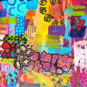 Modern Sprookje, Mixed Media Abstract on Wood, Vibrant Color Wall Art, Whimsical Abstraction, Original Painting, Doodling Art image 6
